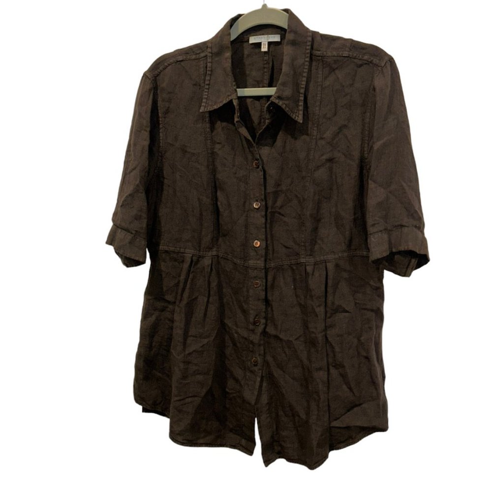 Strenesse Blue charcoal 100% linen button down peplum shirt top 8